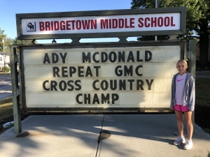 Marquee announcing Ady McDonald's repeat of GMC cross-country tournament winner